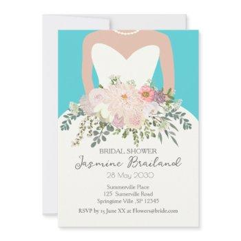 bride gown with floral bouquet bridal shower  invitation