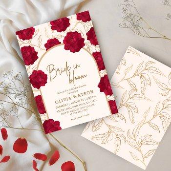 bride in bloom rose and gold floral bridal shower invitation