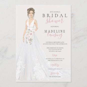bride in lace wedding gown bridal shower invitation