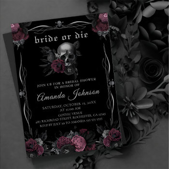 bride or die burgundy gothic skull bachelorette  invitation