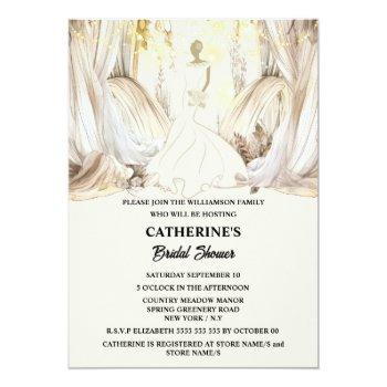 Bride White Wedding Dress String Lights Drapes Invitation Front View