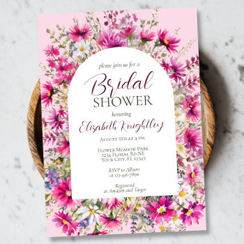 bright pink wildflowers floral boho bridal shower invitation