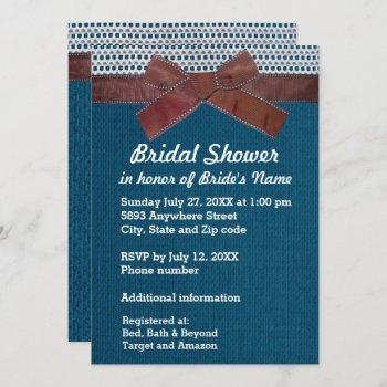 brown ribbon, lace, blue burlap bridal shower inv invitation