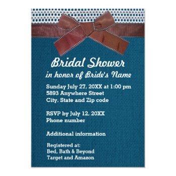 Brown Ribbon, Lace, Blue Burlap Bridal Shower Inv Invitation Front View