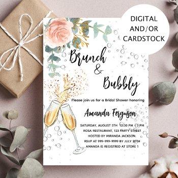 brunch bubbly bridal shower rose gold floral invitation