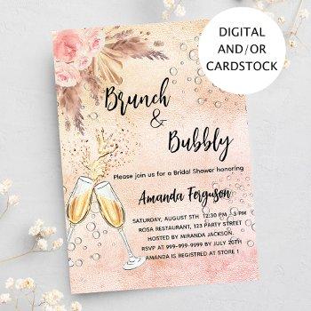 Brunch Bubbly Bridal Shower Rose Pampas Grass Invitation Front View