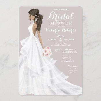 brunette glam bride wedding gown bridal shower invitation
