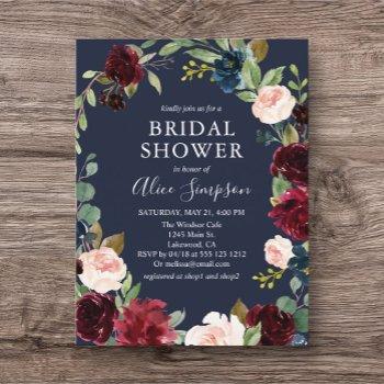 budget boho burgundy navy blue bridal shower invitation postcard