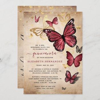 burgundy and gold butterfly quinceanera birthday invitation
