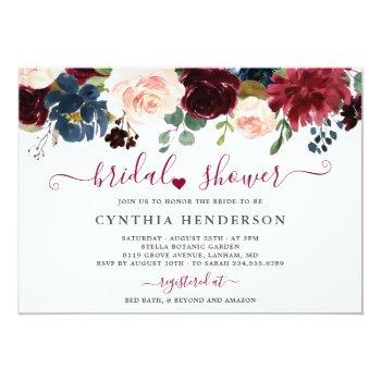 Burgundy Bloom Floral Navy Blue Bridal Shower Invitation Front View