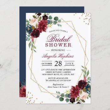 burgundy blue floral gold geometric bridal shower invitation