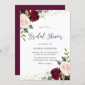 burgundy blush floral gold glitter bridal shower invitation