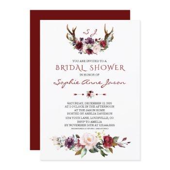 burgundy blush plum floral antlers bridal shower invitation