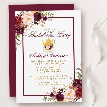 Burgundy Bridal Shower Tea Party Gold Invite Bf Front View