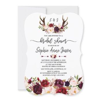 burgundy floral antlers handwriting bridal shower invitation