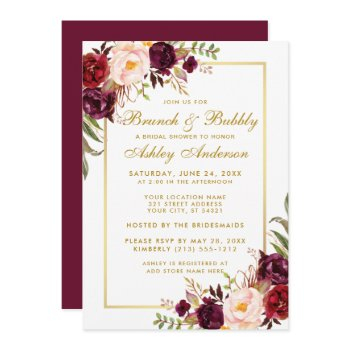 burgundy floral bridal shower brunch invite gold
