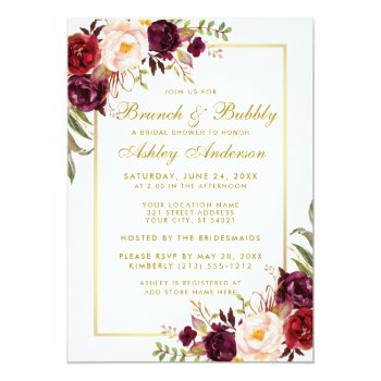 Burgundy Floral Bridal Shower Brunch Invite Gold Front View