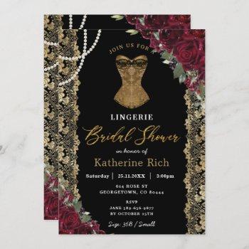 burgundy floral gold lace lingerie bridal shower invitation
