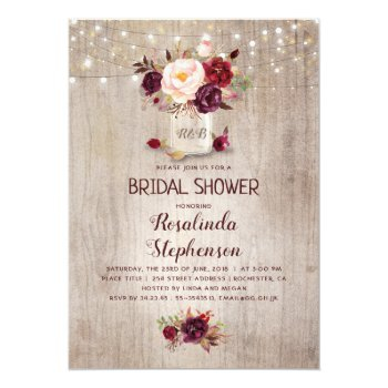 Burgundy Floral Mason Jar Rustic Bridal Shower Invitation Front View
