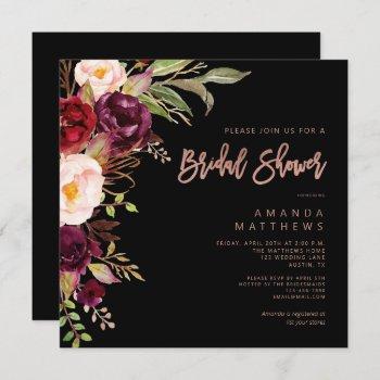 burgundy floral rose gold black bridal shower invitation