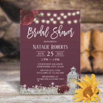 burgundy floral rustic wood lantern bridal shower invitation