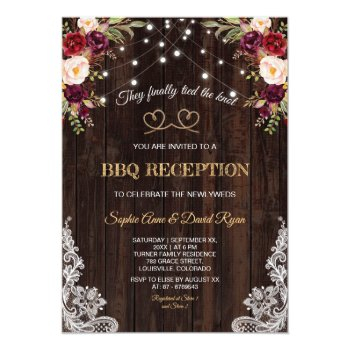 Burgundy Flowers Rope Wood We Tied The Knot Invitation Front View
