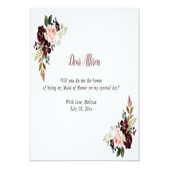Burgundy Flowers Will You Be My Maid Of Honor Card Front View