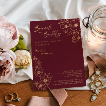 burgundy gold floral bridal brunch and bubbly invitation