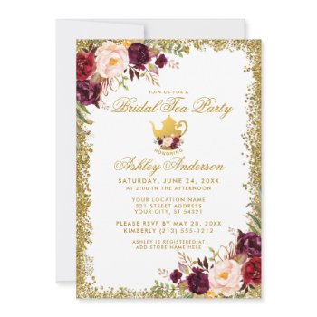 burgundy gold glitter bridal tea party invite