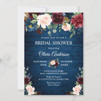 burgundy navy blue blush flowers bridal shower invitation