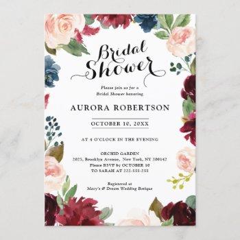 burgundy navy blue blush rose boho bridal shower invitation