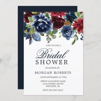 burgundy & navy watercolor flowers bridal shower invitation