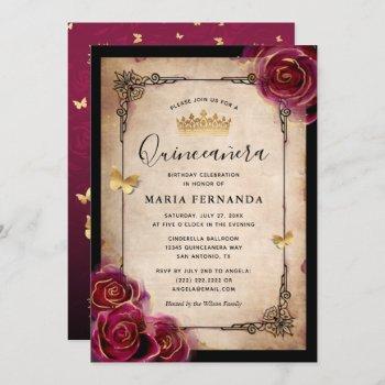 burgundy plum gold elegant rose quinceanera invitation