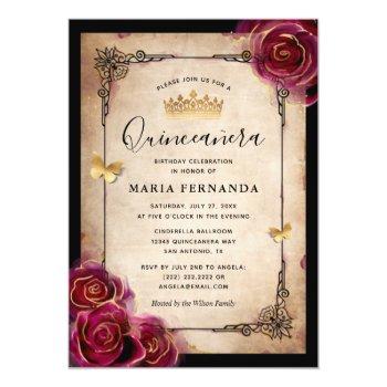 Burgundy Plum Gold Elegant Rose Quinceanera Invitation Front View