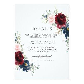 Burgundy Red Blush Blue Floral Wedding Details    Enclosure Card Front View