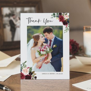 Burgundy Red Blush Floral Modern Wedding 2 Photo Thank You Card Front View