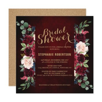 burgundy red navy floral rustic boho bridal shower invitation