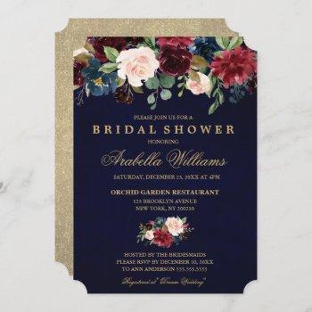 burgundy red navy floral rustic boho bridal shower invitation