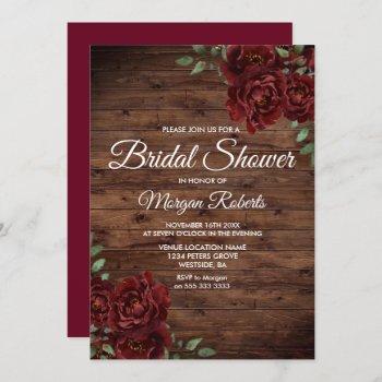 burgundy red rose rustic wood bridal shower invitation