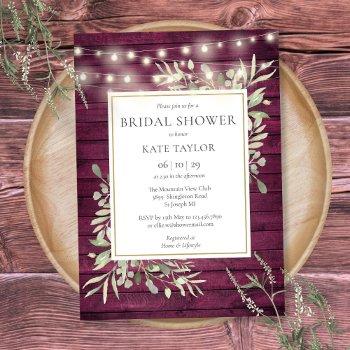 burgundy wood string lights greenery bridal shower invitation