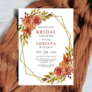 burnt orange floral gold frame fall bridal shower invitation