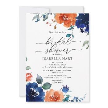 burnt orange navy floral watercolor bridal shower invitation