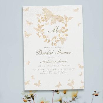 Butterfly Bridal Shower Gold Monogram Greenery Invitation Front View