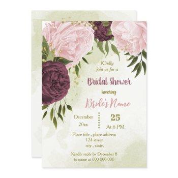 cabernet pink flowers green leaves bridal shower invitation