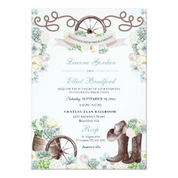 Cacti Floral Mint Green Western Cowboy Wedding Invitation Front View