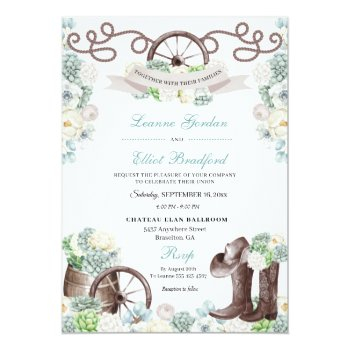 Cacti Floral Mint Green Western Cowboy Wedding Invitation Front View