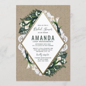 calla lily burlap lace bridal shower invitations