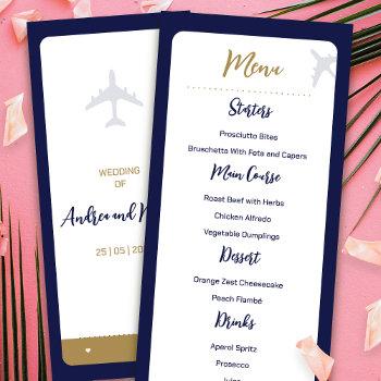 calligraphy blue boarding pass wedding menu