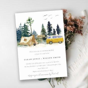 camping pine forest yellow van couples shower invitation