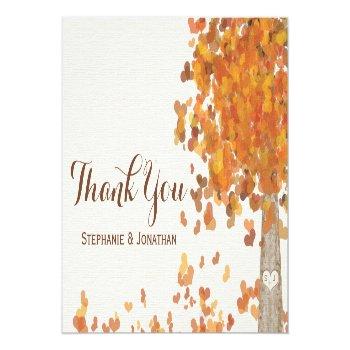 Carved Tree Initials Fall Wedding Thank You Cards Front View